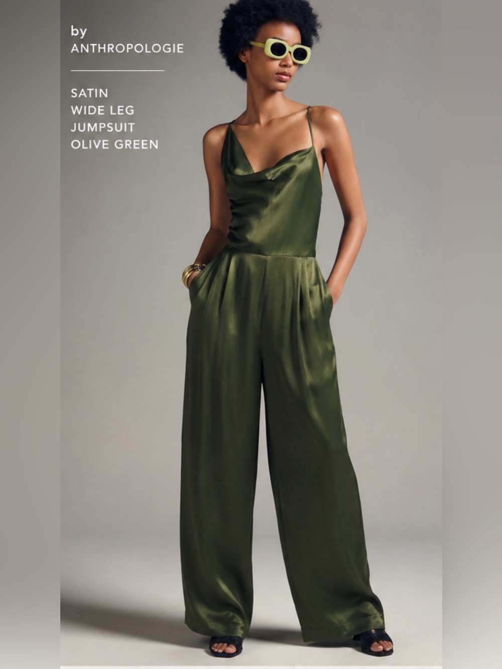 Anthropologie Satin Wide Leg Jumpsuit Olive Green Open Back Petite US 0